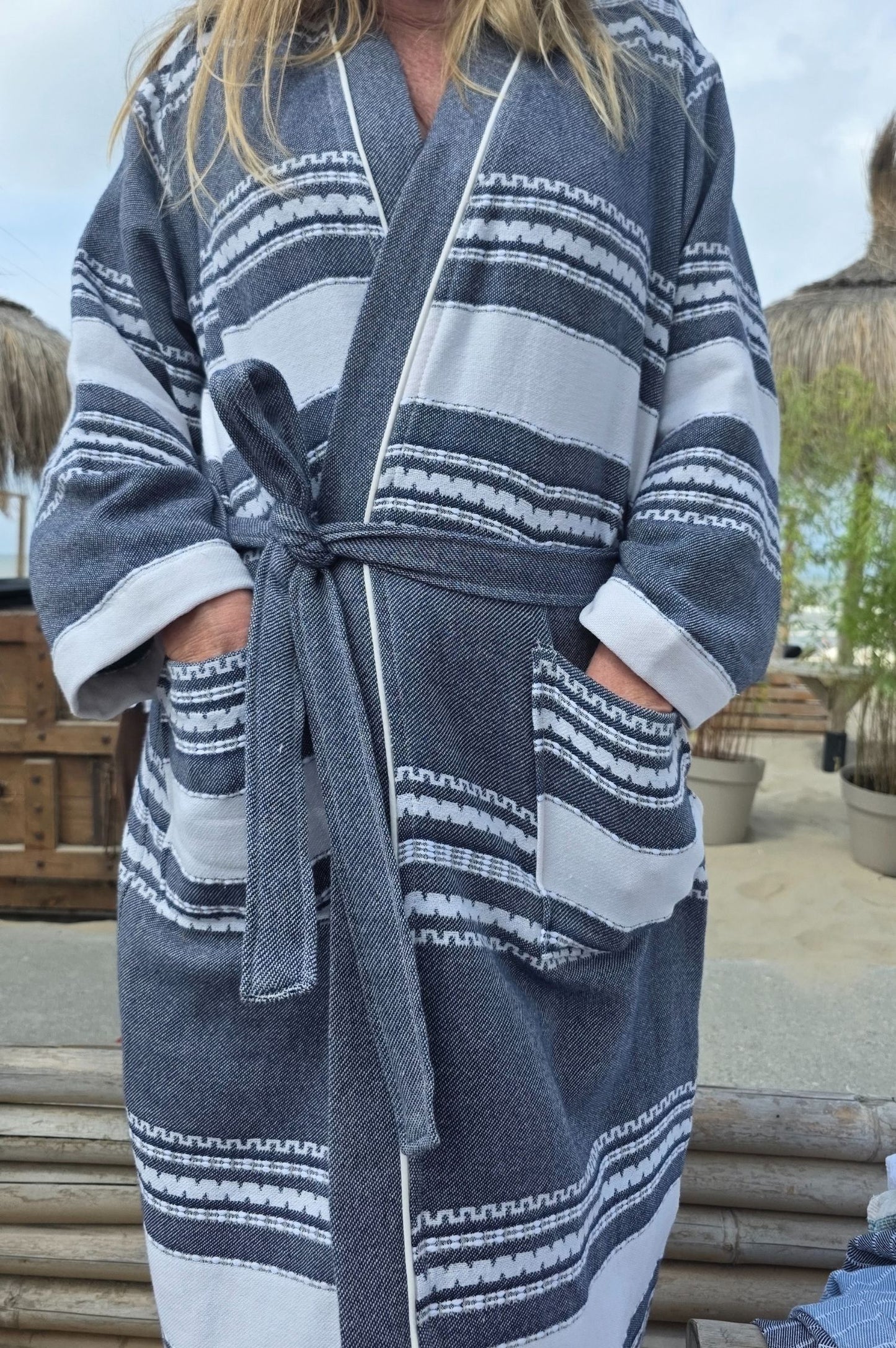 Bathrobe SYMA - DARK BLUE WHITE STRIPES