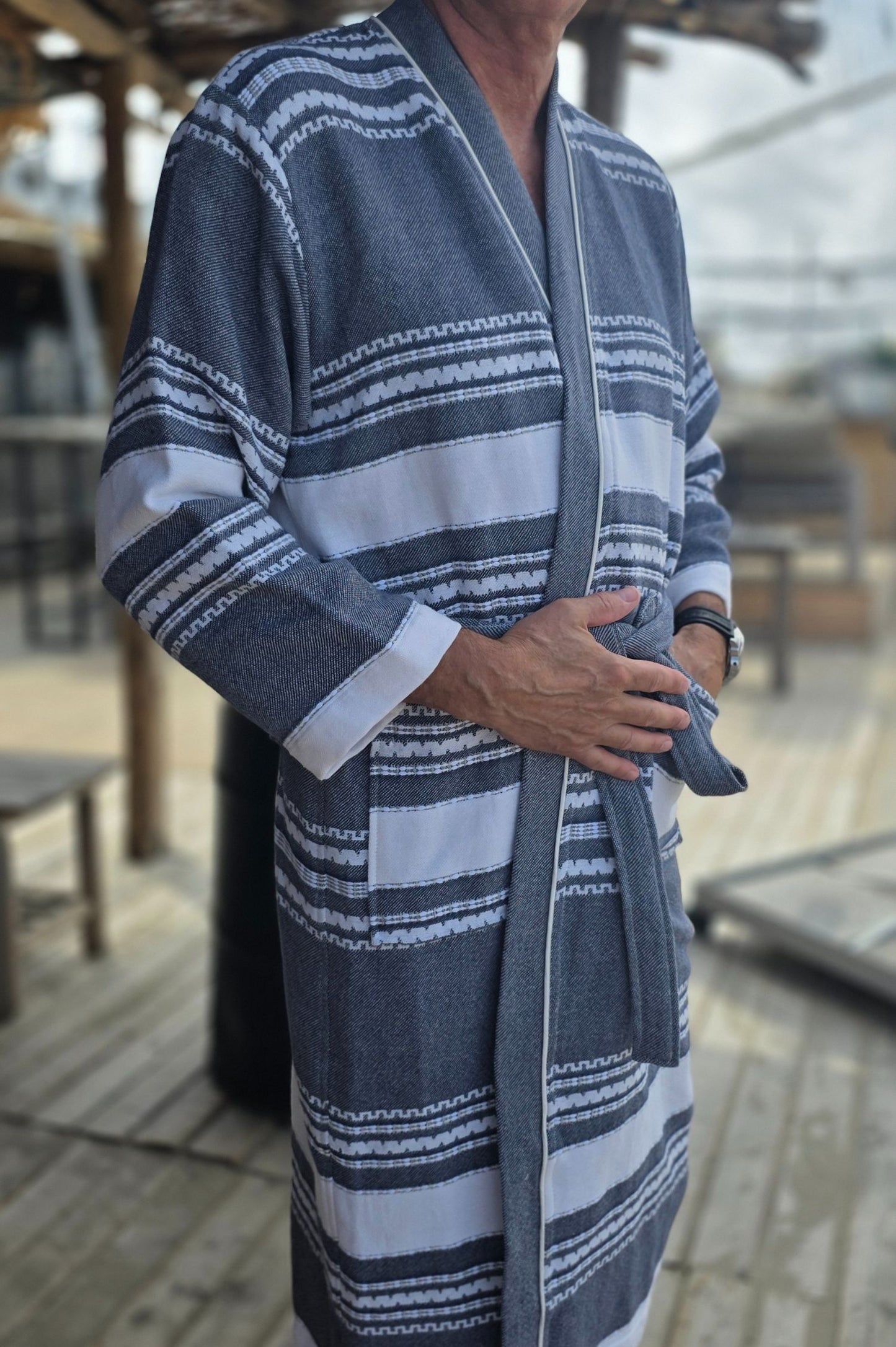 Bathrobe SYMA - DARK BLUE WHITE STRIPES