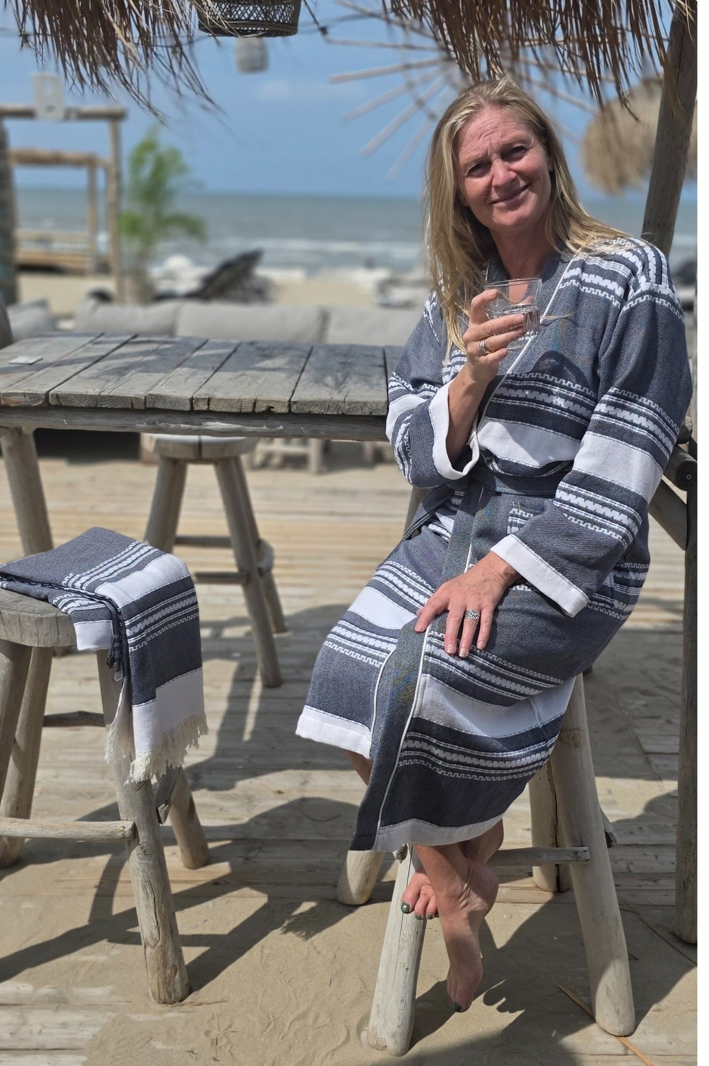 Bathrobe SYMA - DARK BLUE WHITE STRIPES