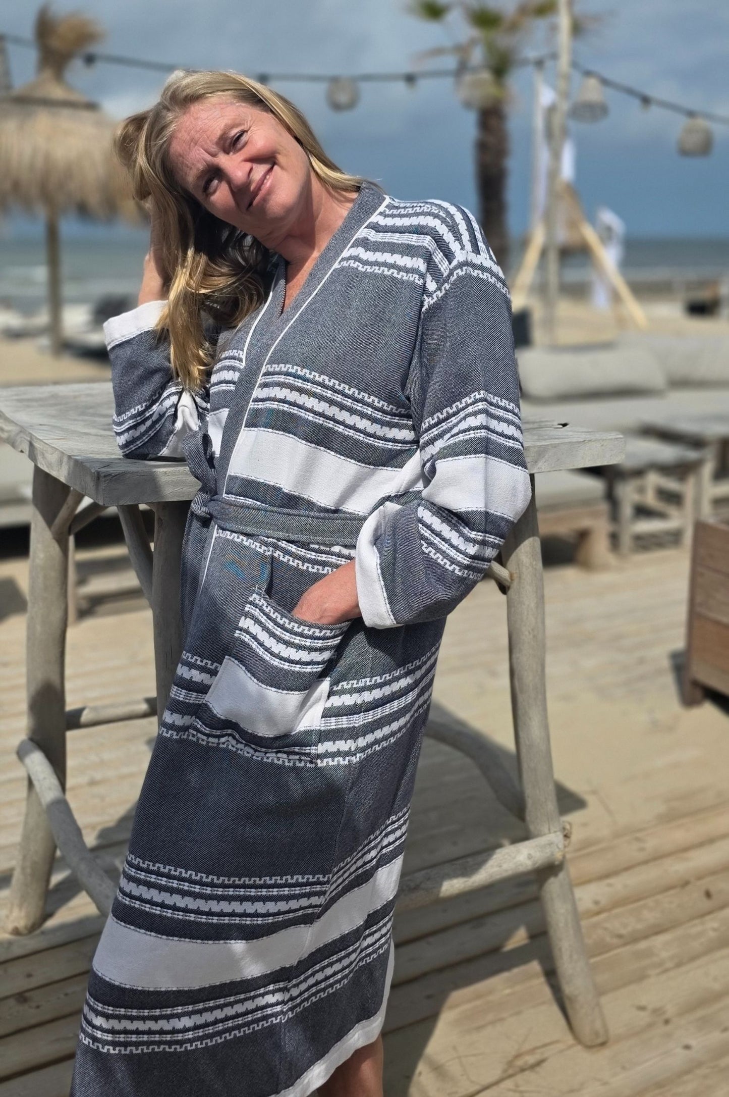 Bathrobe SYMA - DARK BLUE WHITE STRIPES